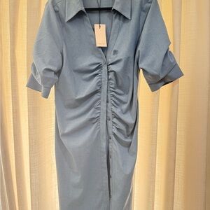 Cinq à Sept Blue Midi Dress with Ruched Detail (NWT)